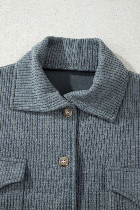 Ribbed Knit Corduroy Button Front Flap Pocket Shacket Jacket