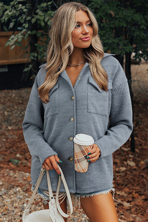 Ribbed Knit Corduroy Button Front Flap Pocket Shacket Jacket