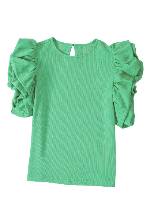 Ribbed Knit Cotton Blend Puffy Ruffle Sleeve Blouse