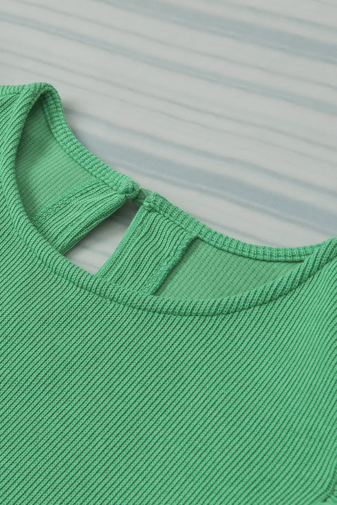 Ribbed Knit Cotton Blend Puffy Ruffle Sleeve Blouse