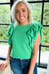 Ribbed Knit Cotton Blend Puffy Ruffle Sleeve Blouse