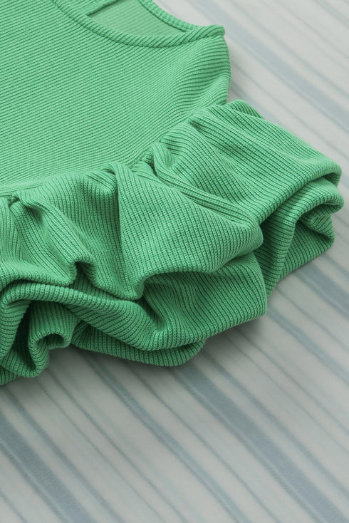 Ribbed Knit Cotton Blend Puffy Ruffle Sleeve Blouse