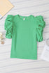 Ribbed Knit Cotton Blend Puffy Ruffle Sleeve Blouse