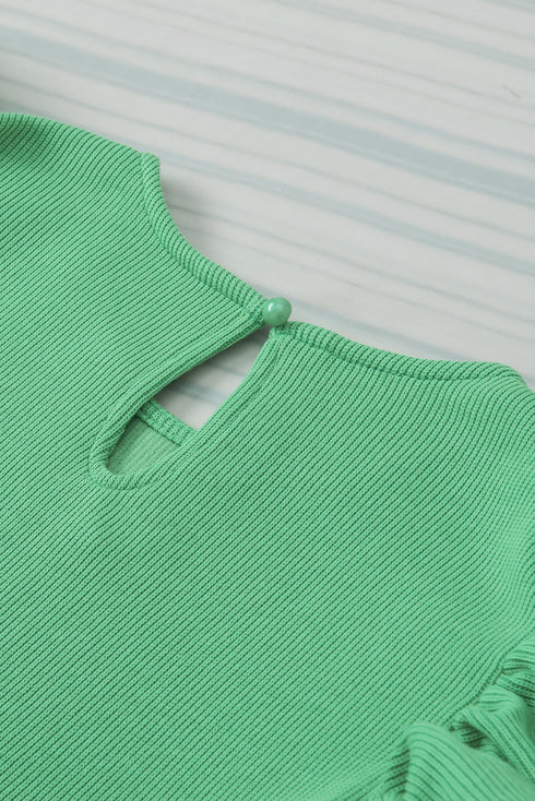 Ribbed Knit Cotton Blend Puffy Ruffle Sleeve Blouse