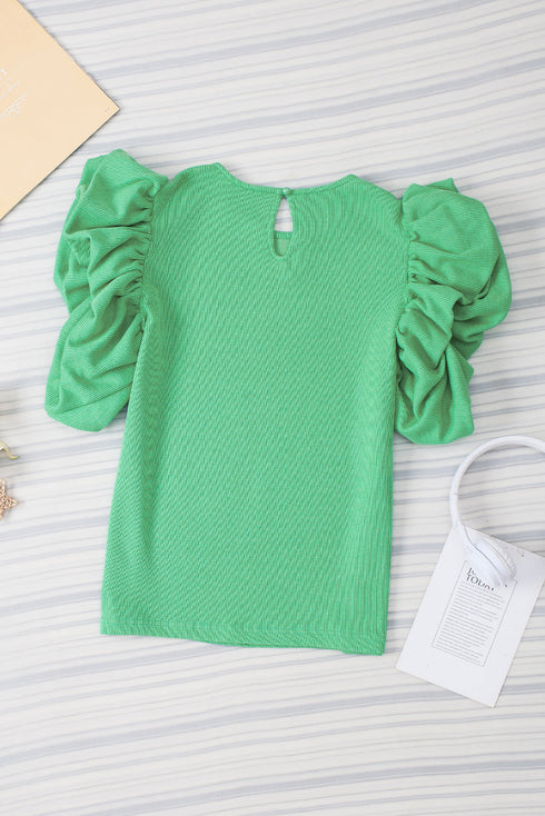Ribbed Knit Cotton Blend Puffy Ruffle Sleeve Blouse