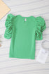 Ribbed Knit Cotton Blend Puffy Ruffle Sleeve Blouse