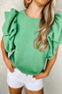Ribbed Knit Cotton Blend Puffy Ruffle Sleeve Blouse
