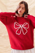 Ribbed Knit Crew Neck Bow Graphic Pullover Sweater