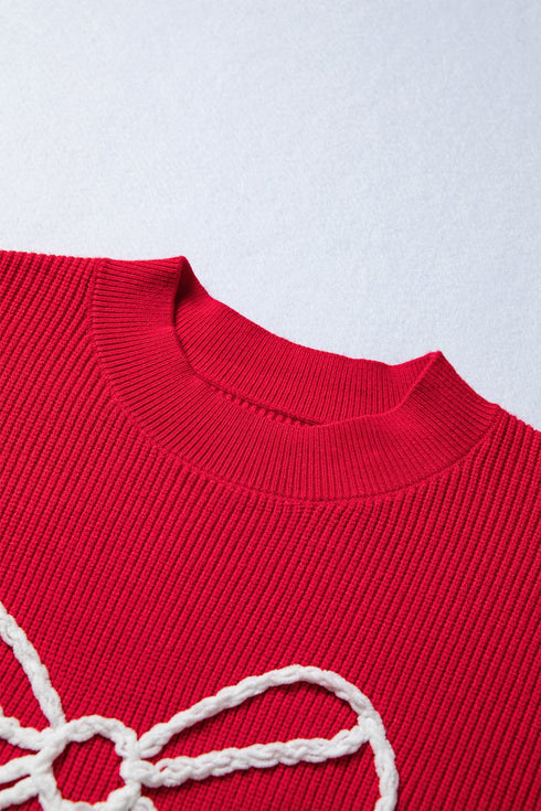 Ribbed Knit Crew Neck Bow Graphic Pullover Sweater