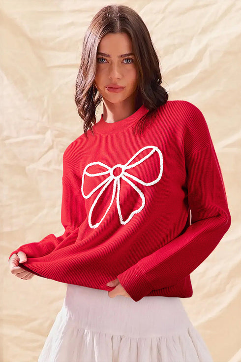 Ribbed Knit Crew Neck Bow Graphic Pullover Sweater
