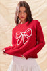 Ribbed Knit Crew Neck Bow Graphic Pullover Sweater