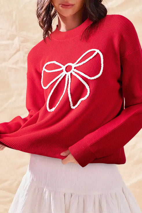 Ribbed Knit Crew Neck Bow Graphic Pullover Sweater