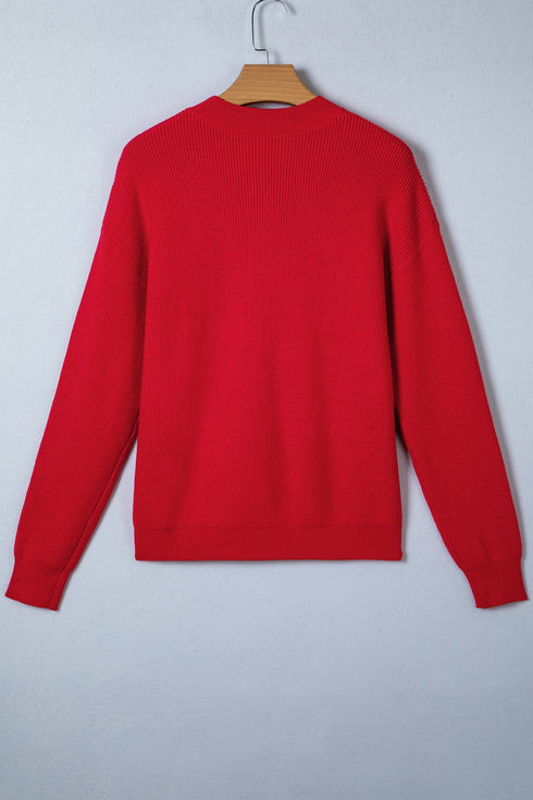 Ribbed Knit Crew Neck Bow Graphic Pullover Sweater