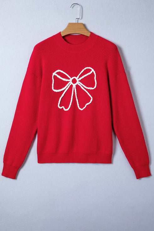 Ribbed Knit Crew Neck Bow Graphic Pullover Sweater