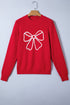 Ribbed Knit Crew Neck Bow Graphic Pullover Sweater