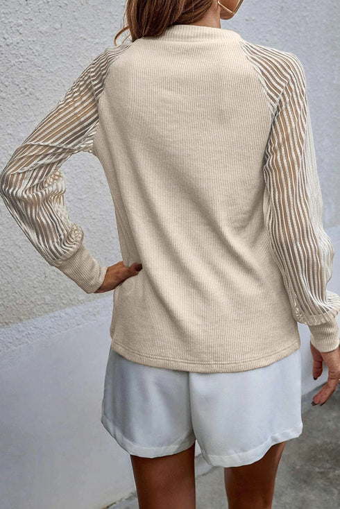 Ribbed Knit Crew Neck Sheer Sleeve Top