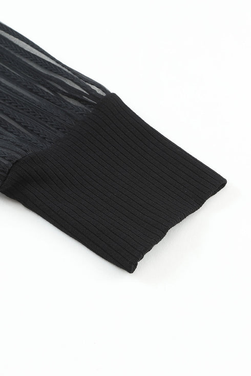 Ribbed Knit Crew Neck Sheer Sleeve Top