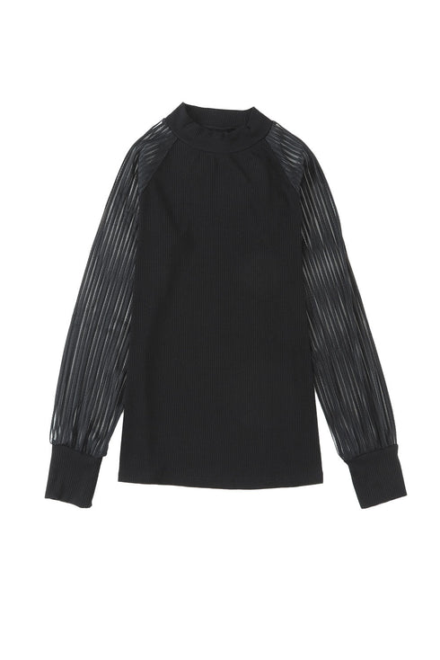 Ribbed Knit Crew Neck Sheer Sleeve Top