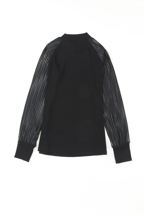 Ribbed Knit Crew Neck Sheer Sleeve Top