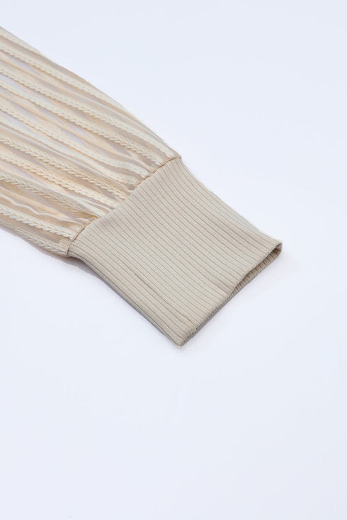 Ribbed Knit Crew Neck Sheer Sleeve Top