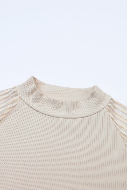 Ribbed Knit Crew Neck Sheer Sleeve Top