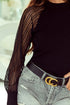Ribbed Knit Crew Neck Sheer Sleeve Top