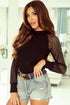 Ribbed Knit Crew Neck Sheer Sleeve Top