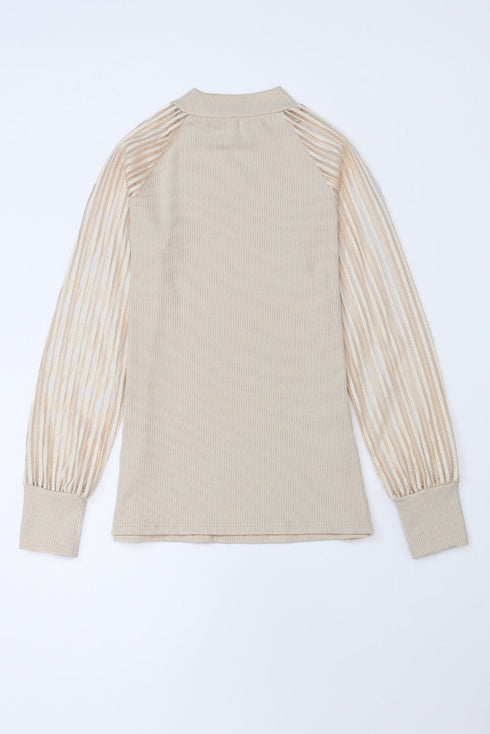 Ribbed Knit Crew Neck Sheer Sleeve Top