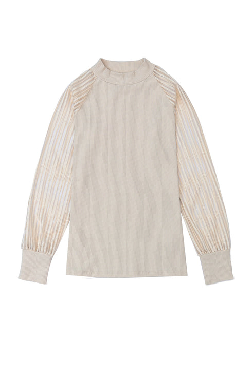 Ribbed Knit Crew Neck Sheer Sleeve Top