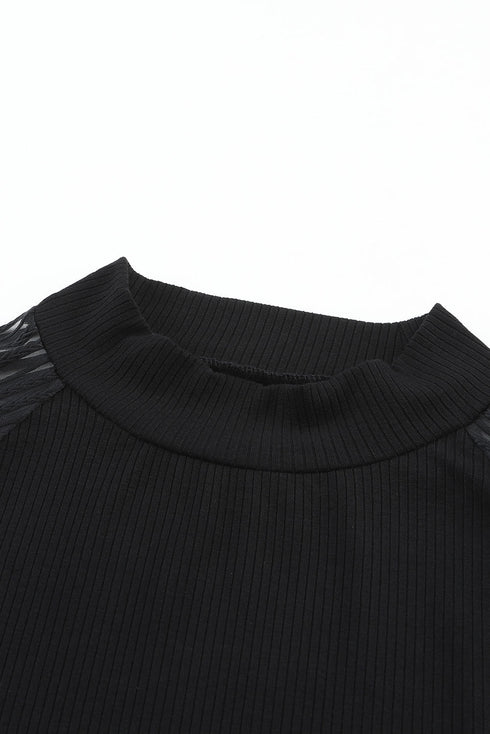 Ribbed Knit Crew Neck Sheer Sleeve Top