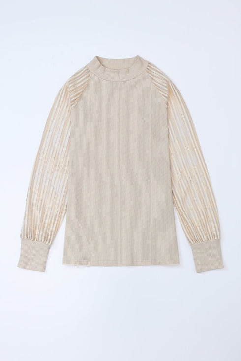 Ribbed Knit Crew Neck Sheer Sleeve Top