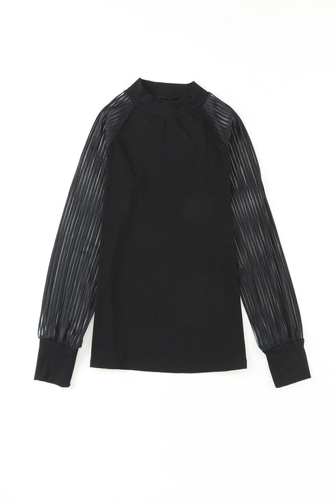 Ribbed Knit Crew Neck Sheer Sleeve Top