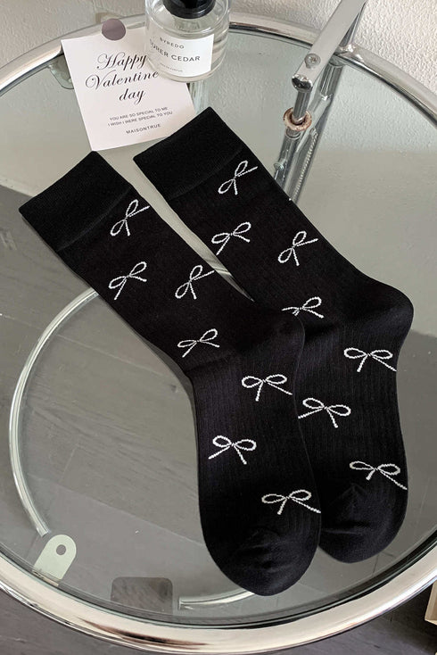 Ribbed Knit Crew Socks With Bow Print Detail