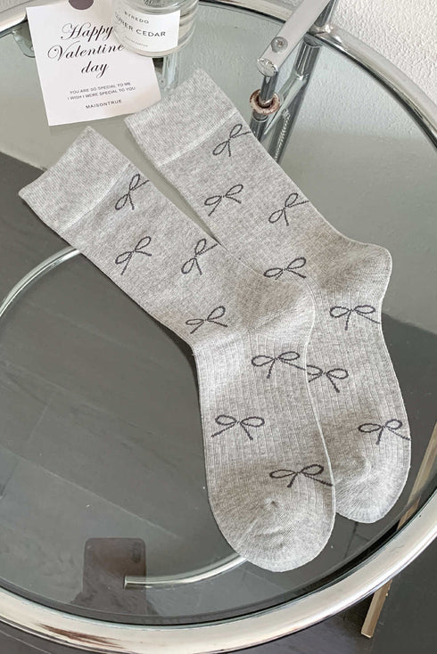 Ribbed Knit Crew Socks With Bow Print Detail