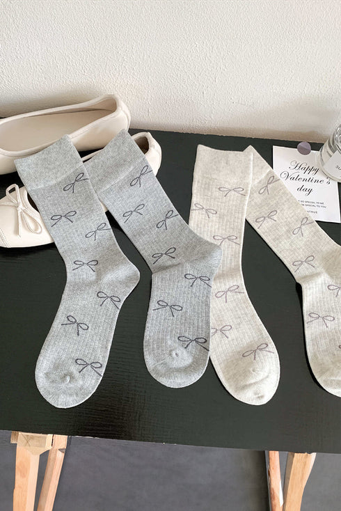 Ribbed Knit Crew Socks With Bow Print Detail
