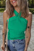 Ribbed Knit Crisscross Neckline Fitted Halter Top