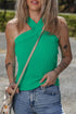 Ribbed Knit Crisscross Neckline Fitted Halter Top