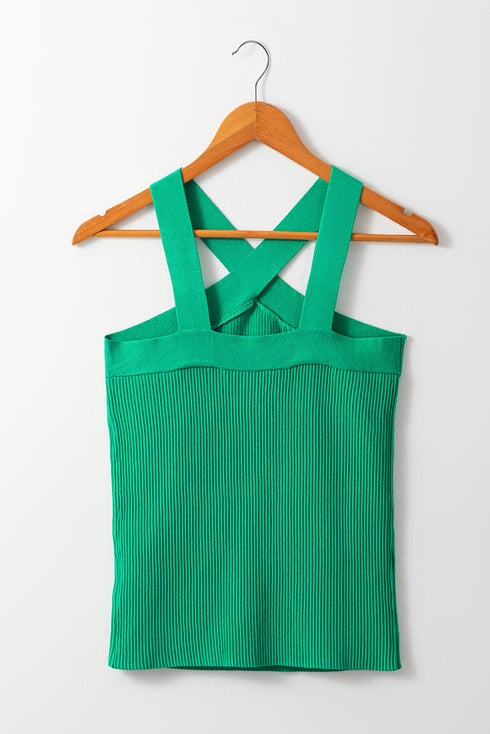 Ribbed Knit Crisscross Neckline Fitted Halter Top