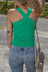 Ribbed Knit Crisscross Neckline Fitted Halter Top