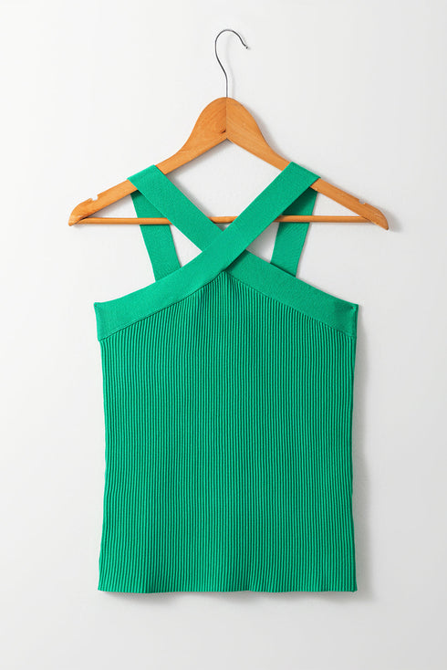 Ribbed Knit Crisscross Neckline Fitted Halter Top