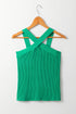 Ribbed Knit Crisscross Neckline Fitted Halter Top