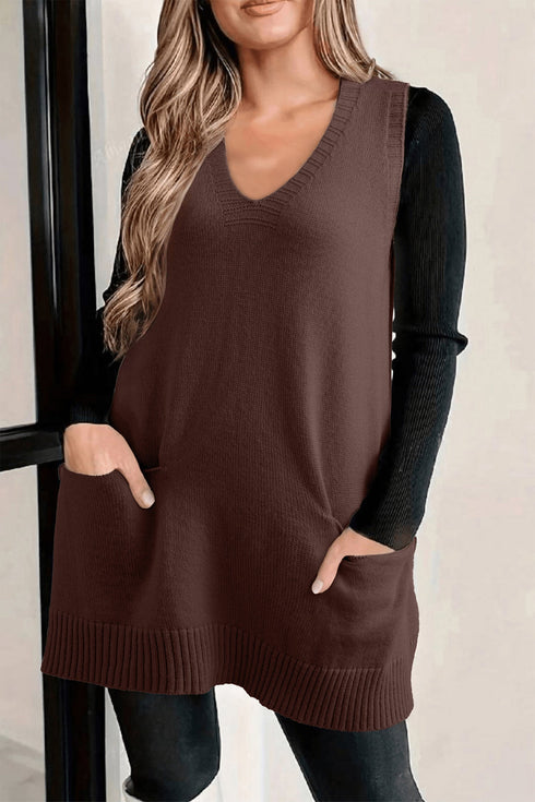 Ribbed Knit Deep V Neckline Pocketed Tunic Sweater Vest