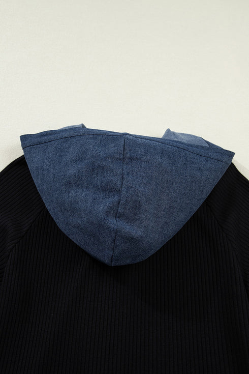Ribbed Knit Denim Patchwork Hooded Long Sleeve Top