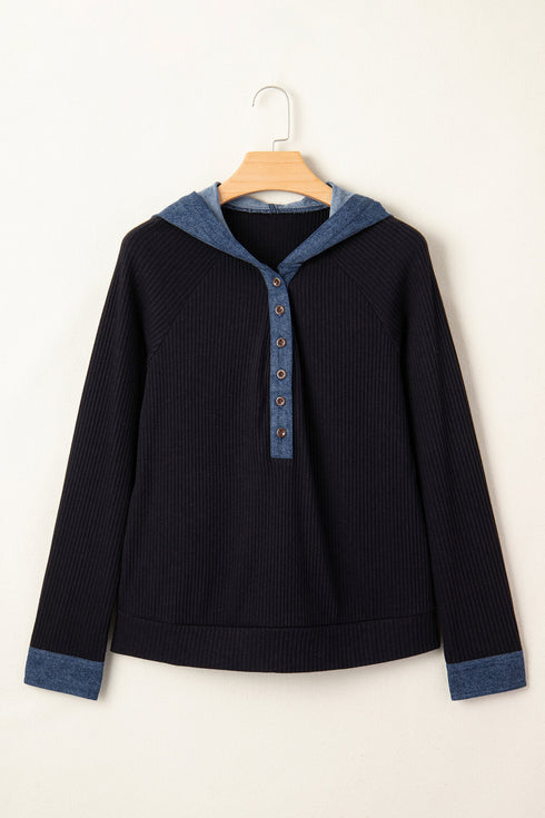 Ribbed Knit Denim Patchwork Hooded Long Sleeve Top