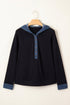Ribbed Knit Denim Patchwork Hooded Long Sleeve Top