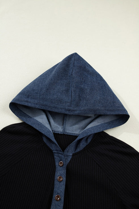 Ribbed Knit Denim Patchwork Hooded Long Sleeve Top