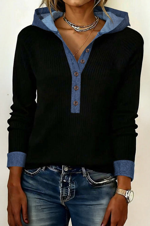 Ribbed Knit Denim Patchwork Hooded Long Sleeve Top
