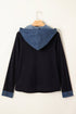 Ribbed Knit Denim Patchwork Hooded Long Sleeve Top
