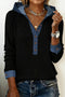 Ribbed Knit Denim Patchwork Hooded Long Sleeve Top