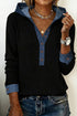 Ribbed Knit Denim Patchwork Hooded Long Sleeve Top